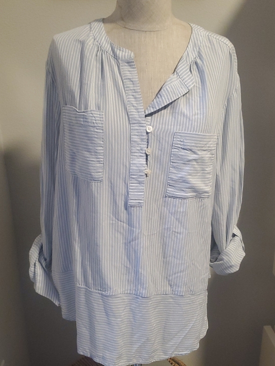 Westbound Tops - Westbound,  Light Blue & White Striped Pullover Shirtwes, Size L